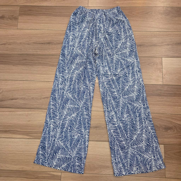 Women's Tyche Blue White Leaf Print Wide Leg Pants S - Picture 2 of 6